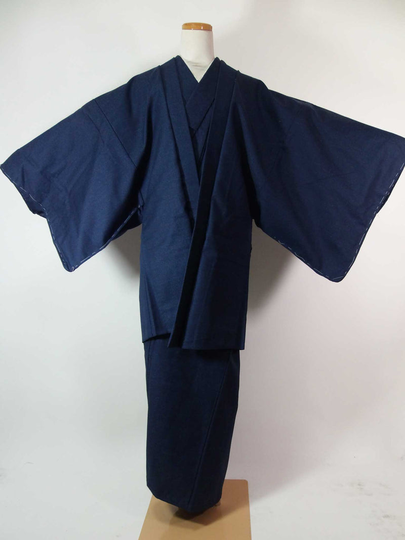 Kimono pour homme inutilisé, ensemble 2 pièces composé d'une veste haori et d'un kimono, laine, sans motif, bleu foncé, beau 2-5