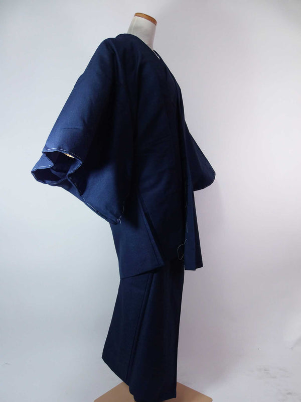 Unused men's kimono, 2-piece set of haori jacket and kimono, wool, patternless, dark blue, beautiful 2-5