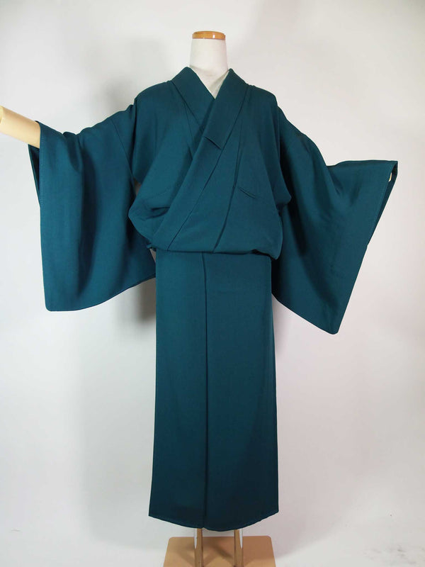 Kimono, kimono, colored kimono, Japanese crest with five-three paulownia crest, pure silk, hand-stitched, blue-green