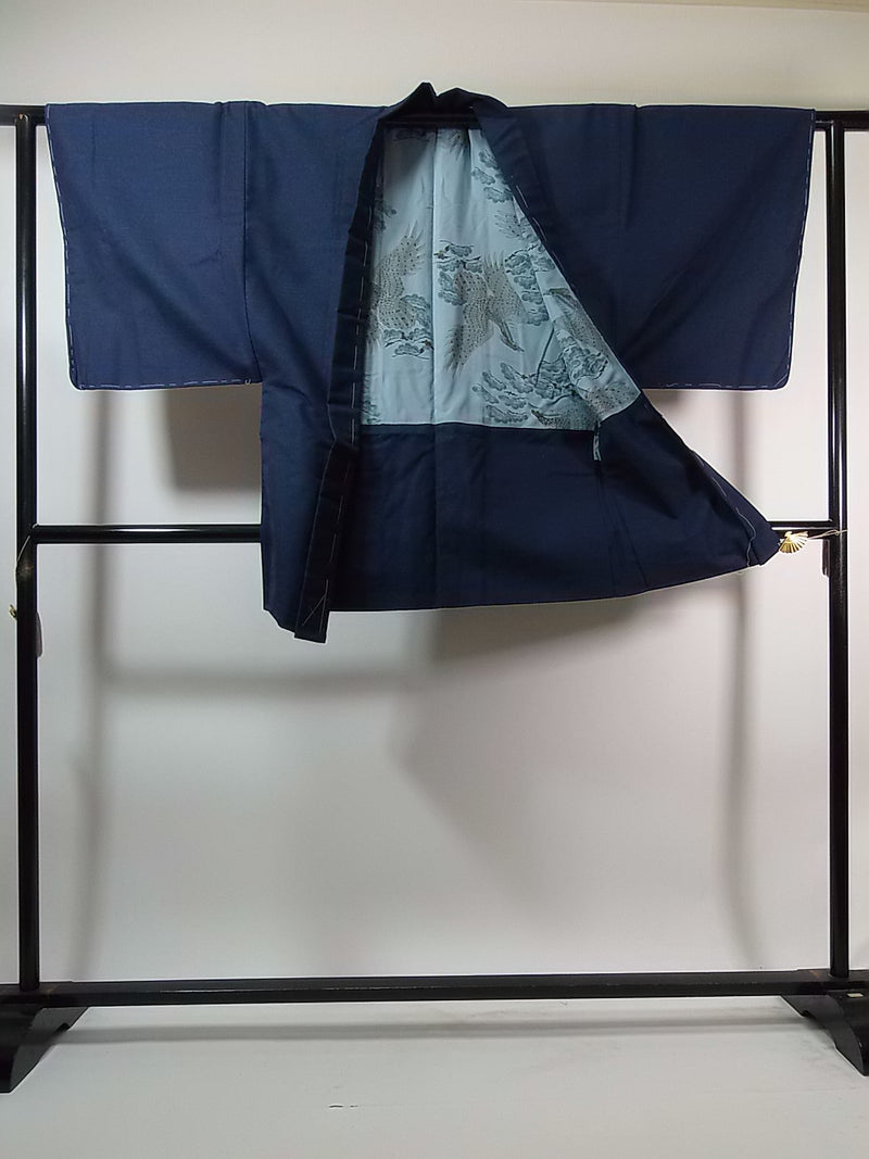 Kimono pour homme inutilisé, ensemble 2 pièces composé d'une veste haori et d'un kimono, laine, sans motif, bleu foncé, beau 2-5