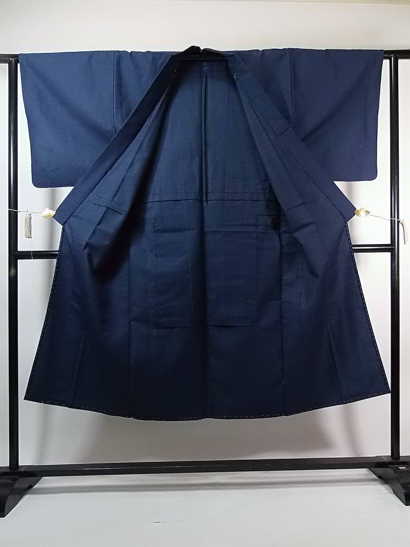 Kimono pour homme inutilisé, ensemble 2 pièces composé d'une veste haori et d'un kimono, laine, sans motif, bleu foncé, beau 2-5