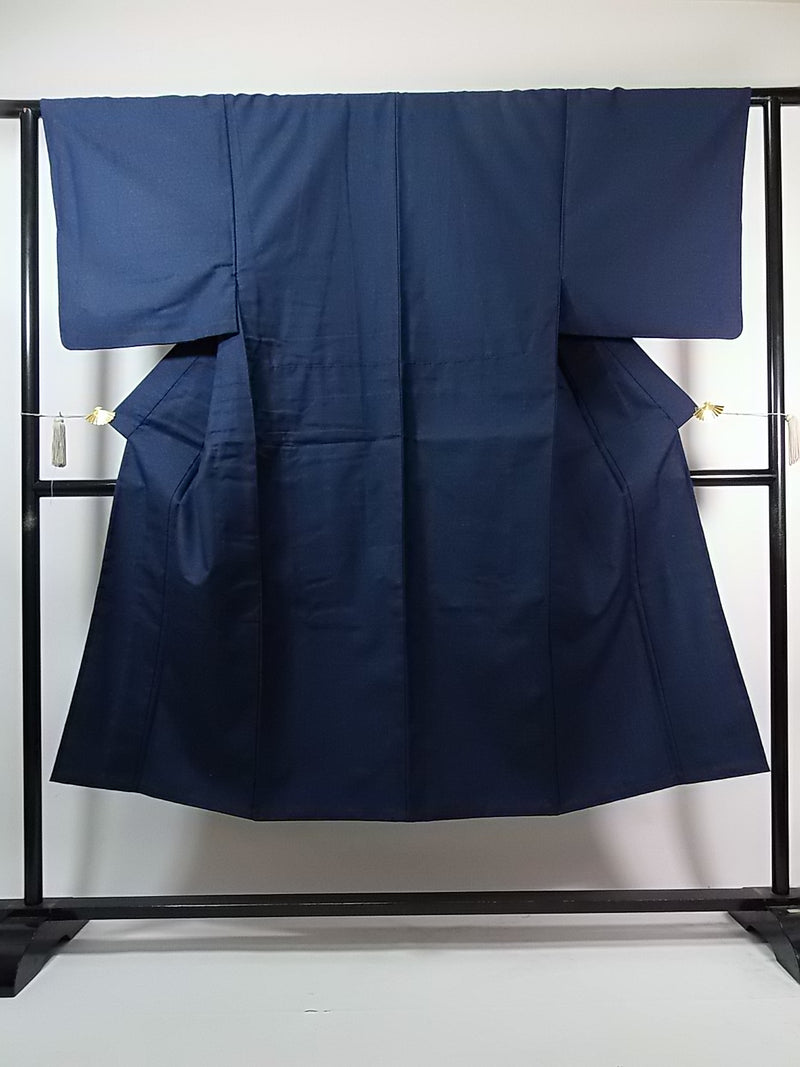 Kimono pour homme inutilisé, ensemble 2 pièces composé d'une veste haori et d'un kimono, laine, sans motif, bleu foncé, beau 2-5