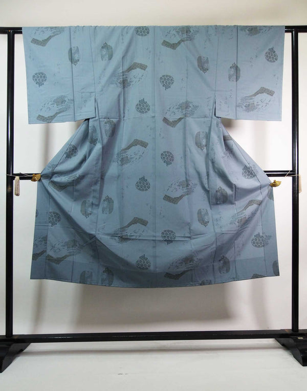 Unused, washable long underwear for men's kimono, with tea ceremony utensil design, blue-gray, also for loungewear.