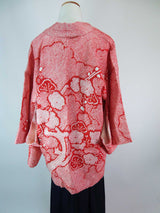 Haori (Japanese traditional haori coat), total shibori, red, floral pattern, silk product, made in Japan Kimono jacket