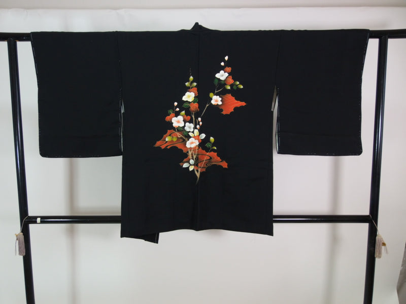 Haori noir inutilisé, Yuzen, motif de fleur de camélia, magnifique, pure soie, veste de kimono.