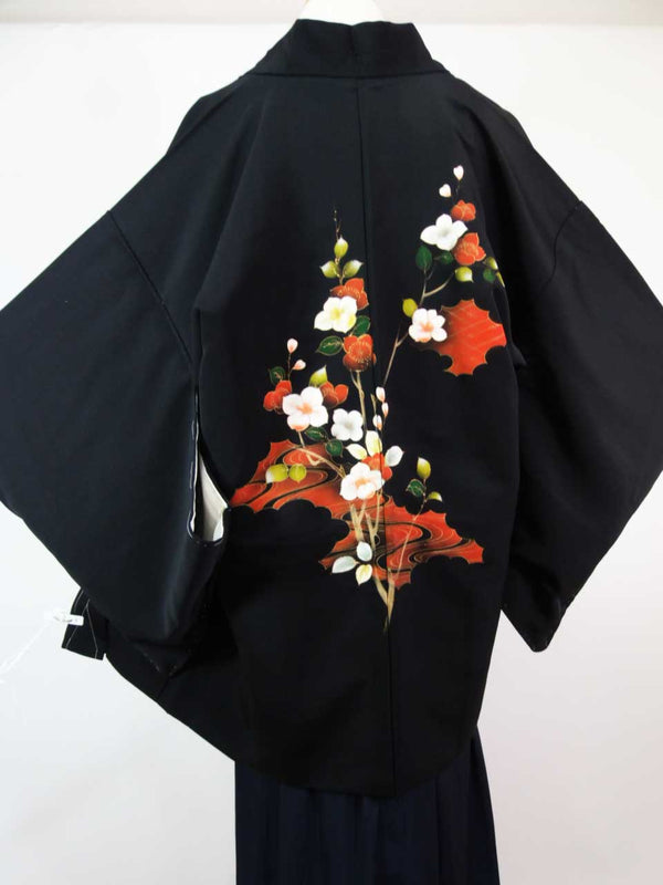 Haori noir inutilisé, Yuzen, motif de fleur de camélia, magnifique, pure soie, veste de kimono.