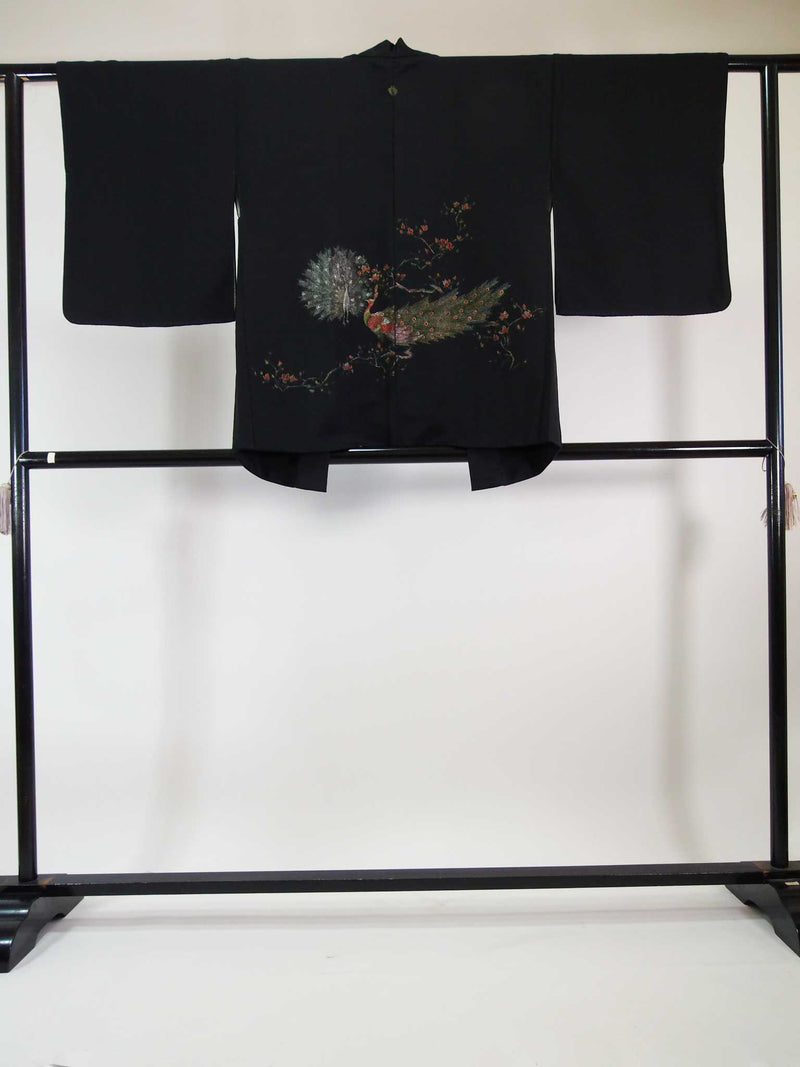 Magnifique haori noir, tissage laqué, motif phénix avec oiseau fantôme, produit en soie, produit japonais, avec écusson de la famille japonaise Veste de kimono