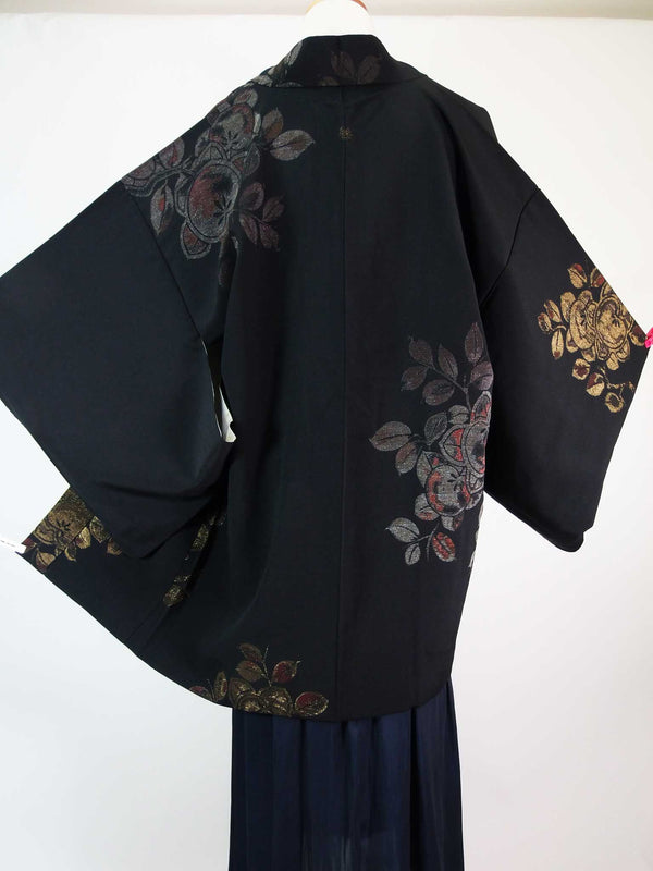 狀況良好，黑色羽織，漆織，橙色圖案，絲綢，日本產品，日本家族徽章和服夾克