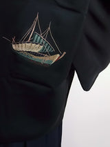 Black haori, ship pattern, Japanese embroidery, silk product with Japanese family crest Kimono jacket