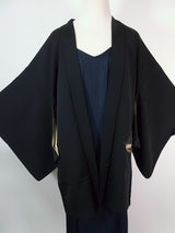 Black haori, ship pattern, Japanese embroidery, silk product with Japanese family crest Kimono jacket