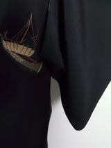 Black haori, ship pattern, Japanese embroidery, silk product with Japanese family crest Kimono jacket