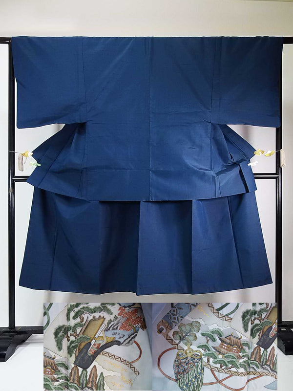 Magnifique ensemble kimono, veste haori et kimono pour homme, kimono en pongé, sans motif, en pure soie, bleu foncé.