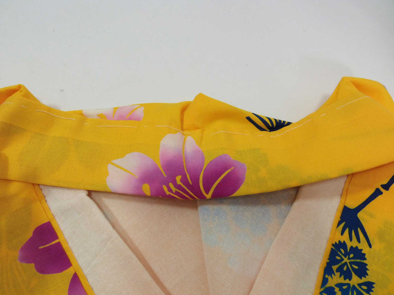 Unused, yukata, cute floral design, hand-stitched, combed, beautiful, yellowish