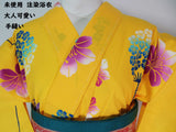 Unused, yukata, cute floral design, hand-stitched, combed, beautiful, yellowish