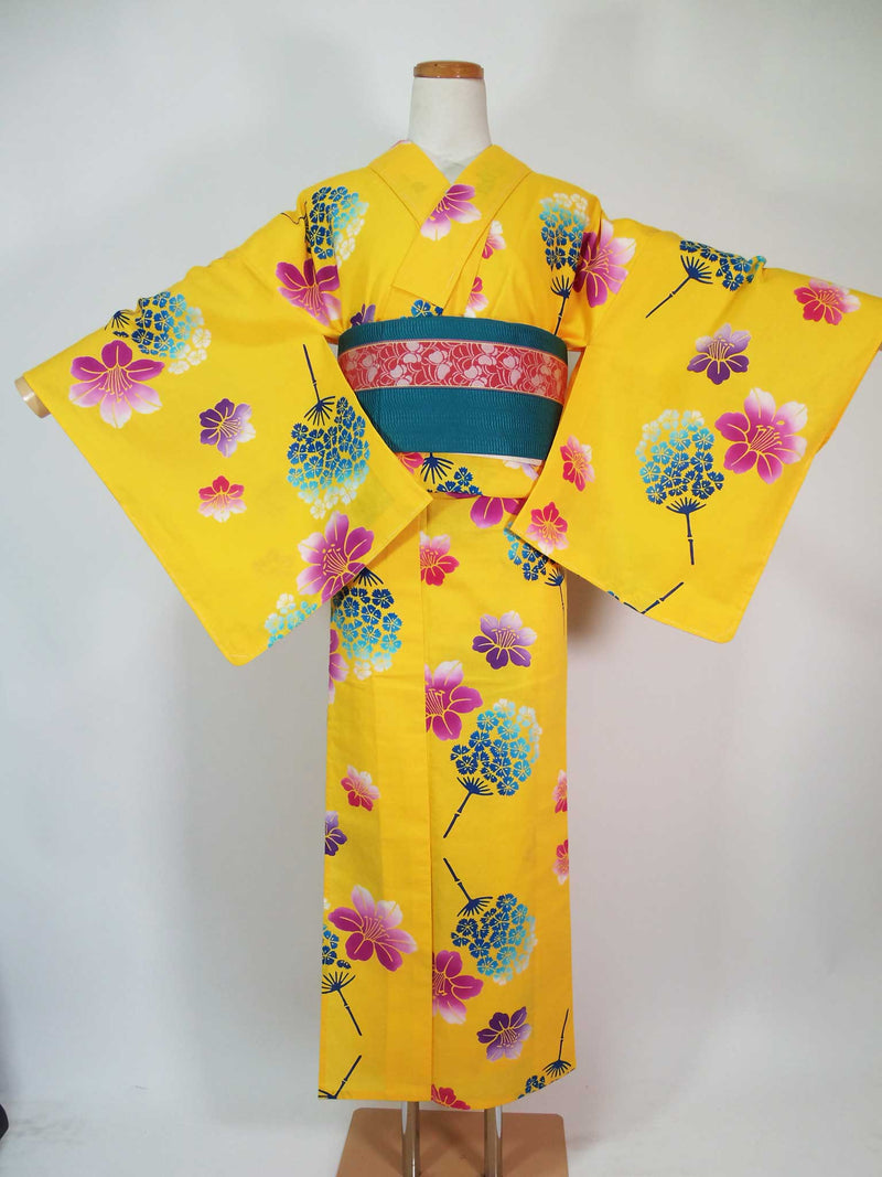 Unused, yukata, cute floral design, hand-stitched, combed, beautiful, yellowish