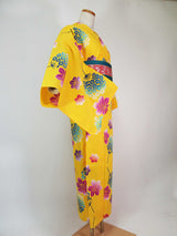 Unused, yukata, cute floral design, hand-stitched, combed, beautiful, yellowish