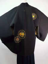 黒羽織　幻の鳥鳳凰模様　相良刺繍　日本の家紋入り　絹製品　日本製品　Kimono jacket