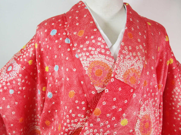 Women Kimono, komon, tie-dye, flower pattern, pure silk, hand-sewn, pink, Japanese kimono