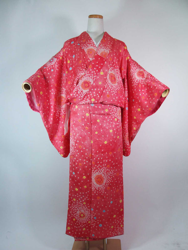 Women Kimono, komon, tie-dye, flower pattern, pure silk, hand-sewn, pink, Japanese kimono