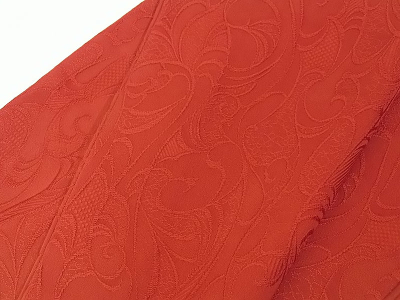 未使用　色無地　丸に笹竜胆紋入り　絹製　日本製品　日本の家紋入り　臙脂色(赤色系)