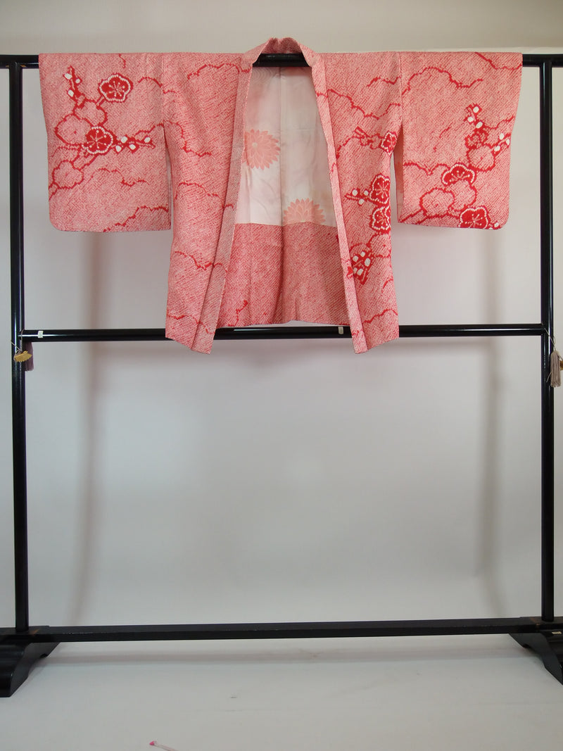 Haori, shibori total, rouge, motif floral, produit en soie, fabriqué au Japon Veste de kimono