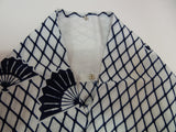 Yukata, motif éventail, blanc et bleu marine
