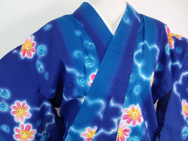 Yukata, cotton red plum, chrysanthemum design, blue