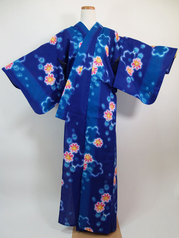 Yukata, coton rouge prune, motif de chrysanthèmes et de fleurs, bleu.