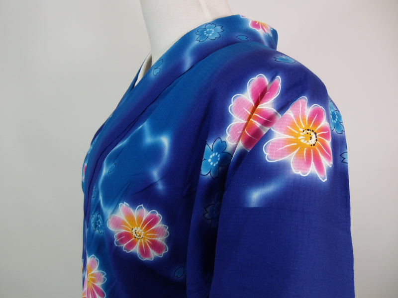 Yukata, cotton red plum, chrysanthemum design, blue