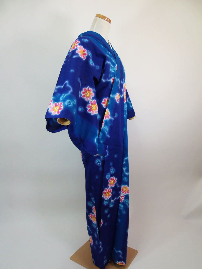 Yukata, coton rouge prune, motif de chrysanthèmes et de fleurs, bleu.