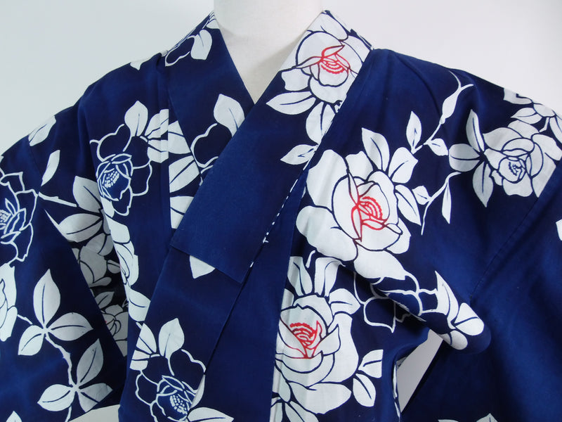 Yukata, pour-dye, rose pattern, blue, S size