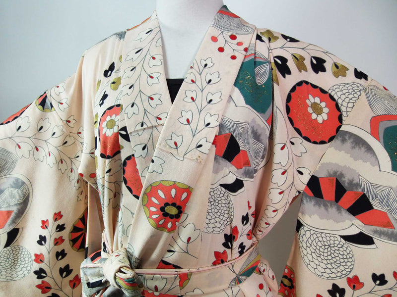 kimono gown kimono robe silk products unisex made from real kimono Taisho period antique Japanese traditional flower pattern