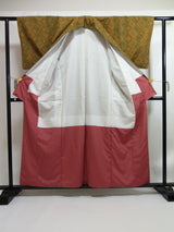 Beautiful washable kimono, tsumugi silk, variegated square pattern, spicy color